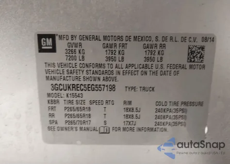 2014 Chevrolet Silverado 1500 1Lt z USA, uszkodzony, nr VIN 3GCUKREC5EG557198